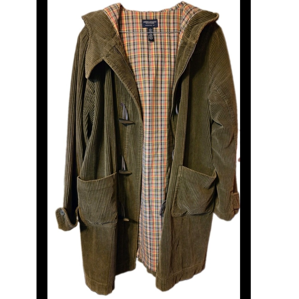 American Eagle Corduroy Duffle Coat Olive Green Plaid Lined Hooded Toggle Jacket